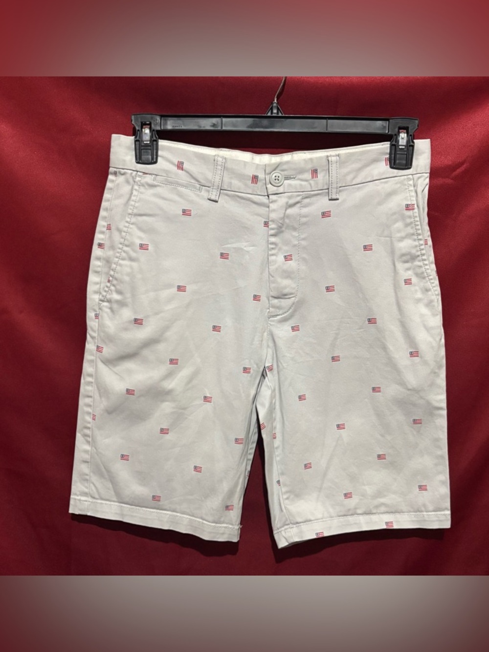 Old Navy White Men's Flat Front Shorts with Tiny Red Flag Embroidery
